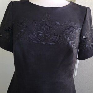 Elegant Black Dress with Lace Detail Faux Black Suede Short Sleeve